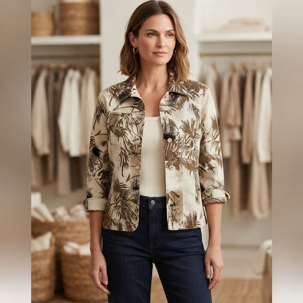 Kaktus Women's Linen Blend Tropical Palm Leaf Shirt Jacket Boho Button Up Size S